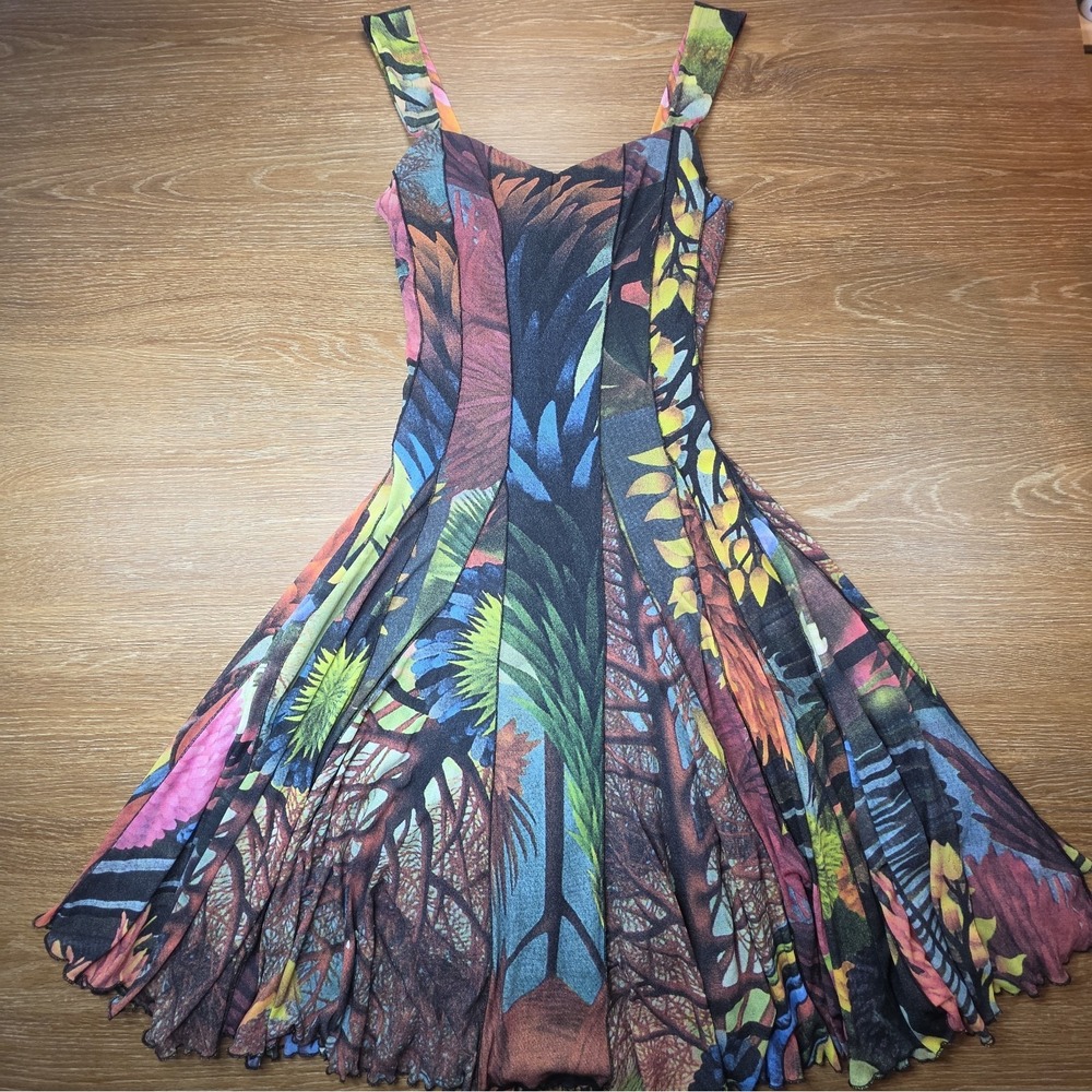 Elana Kattan Dress Set Women M Mesh Fit Flare Bolero Multicolor Y2K Art Wear